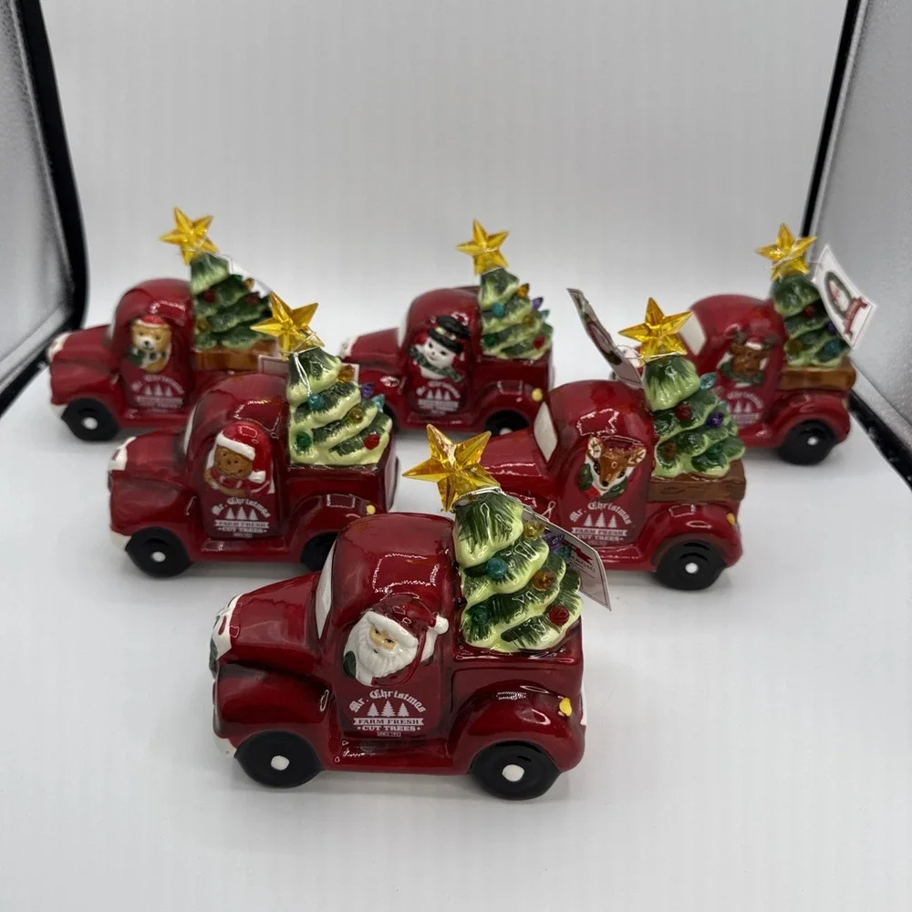 Mr Christmas Red Truck Farm Fresh Trees Set of 6 Lighted Tree‎ Top Holiday Decor